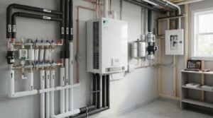 A modern wall-mounted heat pump unit with an underfloor heating manifold, insulated piping, expansion tank, and electrical panel inside a utility mechanical room