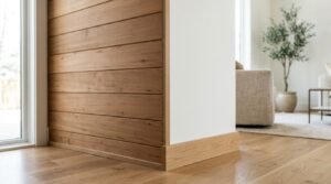 Modern interior wall corner showing horizontal natural wood shiplap cladding transitioning cleanly into smooth white drywall with matching oak baseboard trim