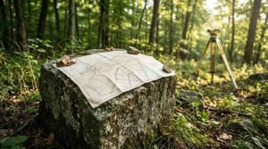 Topographic land survey map held down by stones on a mossy rock in a wooded forest setting, with an optical level tripod set up in the background during site preparation.