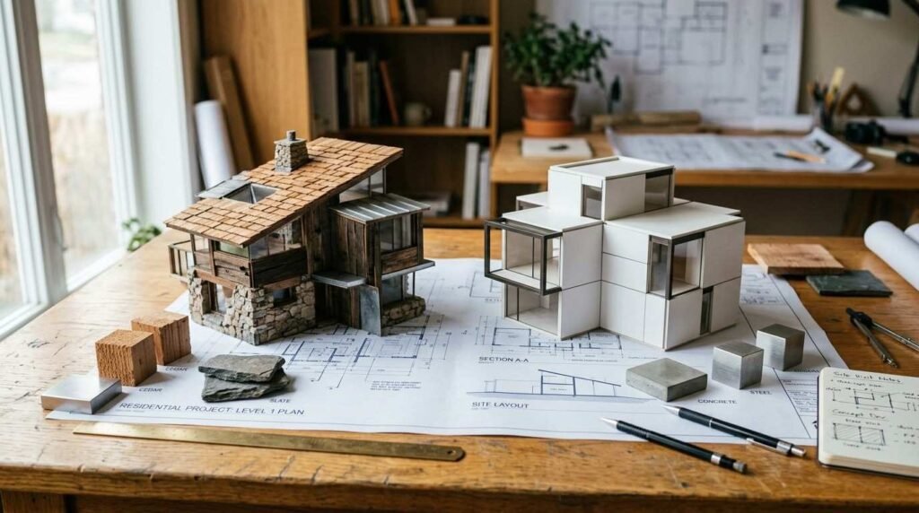 Two architectural scale model homes—a rustic stone and wood cabin and a modern white geometric structure—placed on blueprints alongside material samples in a studio