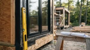 A yellow Stabila spirit level resting against a flashed, black-framed window on a wooden modular home build, with rolled construction blueprints on a sawhorse in the foreground