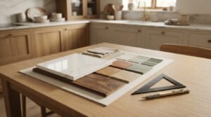 An interior design material mood board on an oak table featuring a white marble quartz slab, walnut flooring plank, terracotta and zellige tile samples, linen fabric swatches, paint chips, a black set square, and a mechanical pencil