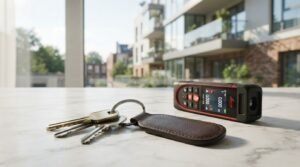 A digital laser distance measure and a leather keychain with house keys resting on a white marble surface in front of a window overlooking modern residential apartment buildings