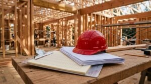 Red hard hat sitting on architectural construction plans and a yellow grid notepad clipboard on a wooden workbench inside a wood-framed house under construction