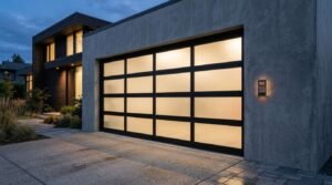Illuminated modern black full-view aluminum garage door with frosted glass panels at dusk in a concrete custom home
