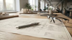 A mechanical drafting pencil and protective safety glasses resting on technical architectural blueprints laid out on a wooden studio workstation table