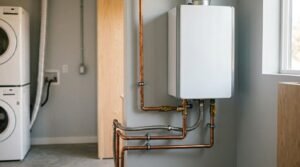A modern wall-mounted tankless water heater with rigid copper pipes and braided flexible lines installed in a utility laundry room beside stacked washer and dryer units