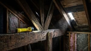 A yellow flashlight resting on a heavy wooden roof truss beam in a dark attic, casting a beam of light through dust motes toward damaged roof decking and insulation