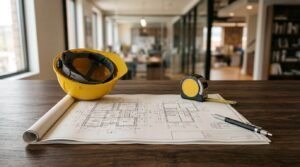 A yellow hard hat, tape measure, and mechanical drafting pencil placed on rolled-out architectural floor plan blueprints on a dark wood table in an open office