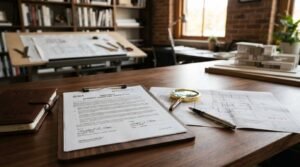 A signed AIA contract agreement on a wooden clipboard alongside architectural blueprints, a magnifying glass, and a luxury pen on an architect's office desk