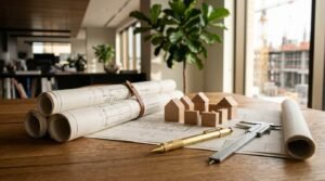 A collection of rolled blueprints, small wooden block house models, a brass drafting pencil, and a steel vernier caliper on an architect's desk overlooking an active construction site