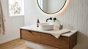 A modern floating wood vanity with a white marble countertop, round vessel sink, wall-mounted matte black faucet, and a backlit circular mirror against a vertical white subway tile wall