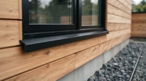 A close-up view of modern horizontal natural cedar lap siding integrated with a black-framed window, matte black metal sill flashing, and a concrete foundation bordered by dark gravel