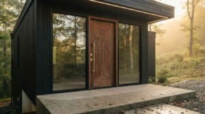 A modern entryway featuring a rich walnut wood front door with a brass vertical pull handle, flanked by large floor-to-ceiling glass sidelights on a black-clad cabin with an illuminated roof overhang
