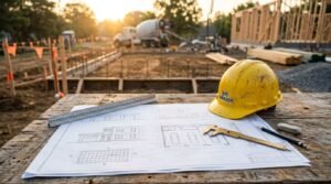 Yellow site manager hard hat and garage floor plans on a wooden table at an active home construction site
