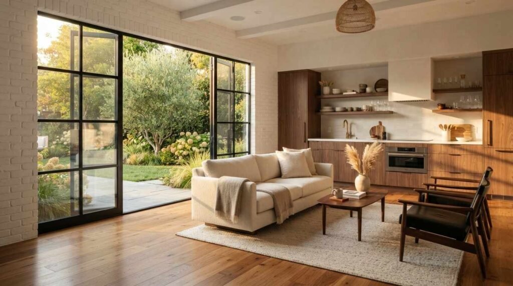 A modern open-concept luxury guest suite featuring black-framed bi-fold patio doors opening to a garden, a neutral sofa, warm walnut kitchen cabinets, and light hardwood floors
