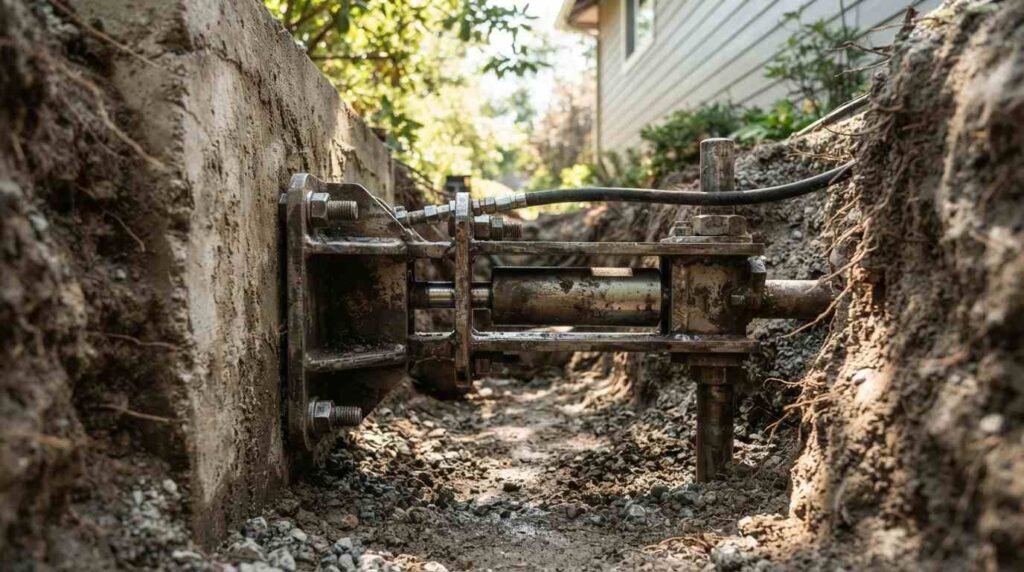 A heavy-duty hydraulic push pier underpinning system bolted to a concrete footing in an excavated trench during residential foundation repair
