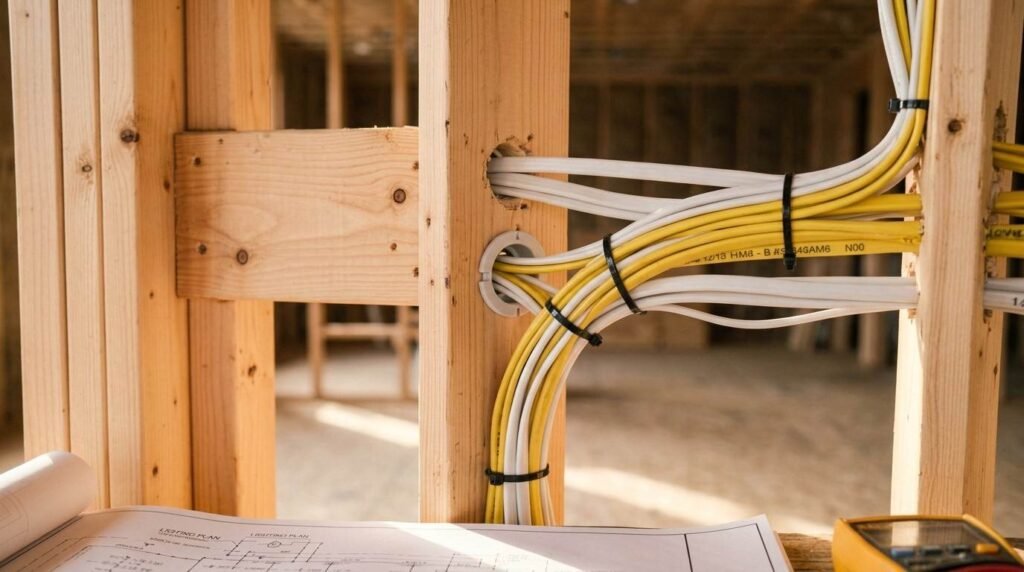 Bundled yellow and white Romex electrical wiring routed through timber wall studs with protective bushings above an electrical lighting blueprint