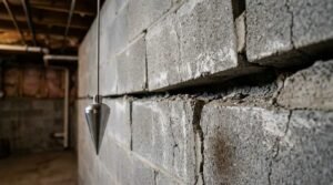 A steel plumb bob hanging from a cord in front of a bowed concrete block foundation wall with a severe horizontal shear crack in a basement