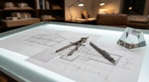 Architectural schematics illuminated on a glass light box drafting table with a bow compass, mechanical pencil, and crystal paperweight