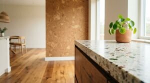 A close-up of an eco-friendly recycled glass terrazzo countertop on a dark oak kitchen island, featuring a potted Chinese money plant on the counter beside a natural cork accent wall and hardwood floors