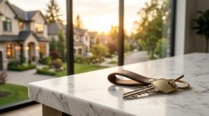 A brass house key attached to a brown leather loop keychain on a white marble countertop in front of a window overlooking a suburban neighborhood at sunset