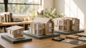 Three architectural wooden scale models of modern prefab homes in different sizes arranged on plinths alongside material sample swatches on a wooden studio table