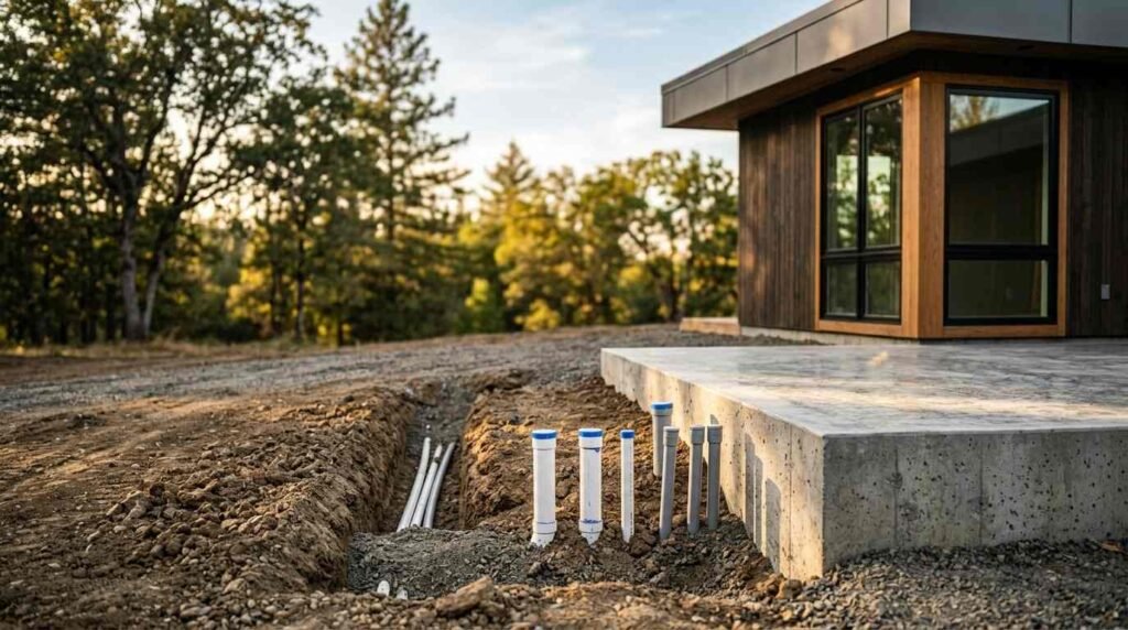 A utility trench with electrical conduit and capped white plumbing PVC pipes running directly into a raised concrete slab foundation for a modern prefab ADU
