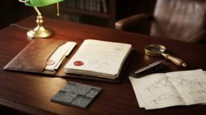 A stack of wax-sealed building permit documents inside an open leather folder on a rich mahogany desk, alongside roof truss schematics, an asphalt shingle sample, a magnifying glass, and a fountain pen