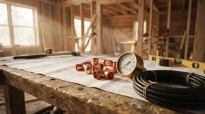 Copper pipe fittings, a brass pressure gauge, coiled black tubing, and construction hand tools resting on architectural plumbing blueprints inside a framed house under construction