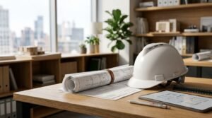 A white safety hard hat, rolled architectural blueprints bound with a leather strap, a digital tablet displaying floor plans, and a precision drafting pencil on an office desk
