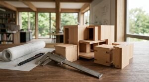 Modular wooden block architectural scale model being assembled next to a vernier caliper, mechanical pencil, and rolled blueprints on a wooden desk