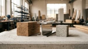 Three primary structural construction material samples—a solid squared oak timber beam block, an extruded aluminum or steel I-beam section, and an aerated grey concrete testing cube—arranged in a line on a cast concrete slab inside a sunlit architectural fabrication workshop