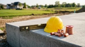 Yellow hard hat, vintage spirit level, copper pipe fittings, and a spool of copper wire resting on the edge of a poured concrete slab foundation at a residential construction site