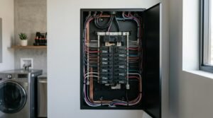 Open black main electrical breaker panel with neatly organized circuit breakers and color-coded wiring flush-mounted on a wall in a modern laundry room