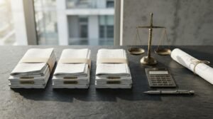 Three stacks of construction bids labeled Bidder A, Bidder B, and Bidder C alongside a scale of justice, calculator, and drafting pencil on a dark desk