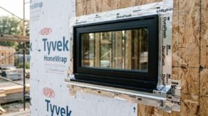 Black-framed window installed on OSB wall sheathing with 3M DuraFlash flashing tape and DuPont Tyvek HomeWrap weather barrier