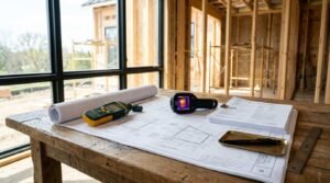 Handheld thermal imaging camera and pinless moisture meter resting on architectural blueprints alongside building inspection documents on a rustic wooden table inside a house framing site