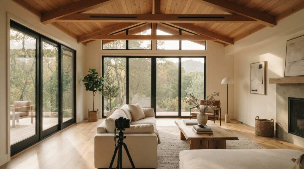 Modern living room interior featuring vaulted wood beam ceilings, large black glass sliding doors, cream sofa, and a DSLR camera on a tripod