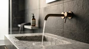 Water flowing from a wall-mounted brushed brass faucet into a marble sink basin against a dark slate tiled bathroom wall