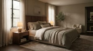 Modern custom bedroom featuring a fluted wood headboard, layered sage green and cream linen bedding, walnut nightstand, ceramic lamp, and sheer curtains