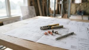 Low-voltage wiring blueprint set on a wooden table with a network crimping tool, lever-nut wire connectors, RJ45 jacks, and a pen inside a building site