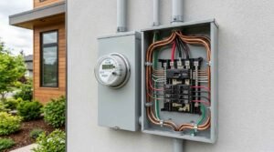 An open 200-amp outdoor electrical breaker panel with neatly organized copper wiring and circuit breakers mounted next to a digital Eaton electric utility meter on an exterior home wall