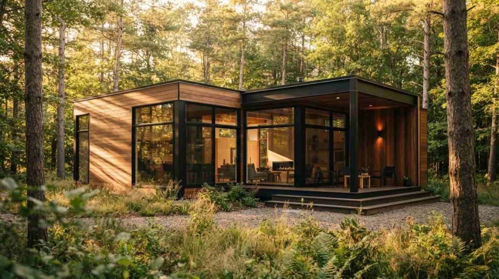 A contemporary single-story timber prefab modular cabin with black metal trim, expansive floor-to-ceiling glass windows, and a covered porch nestled in a lush, sunlit pine forest