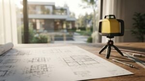 A yellow rotary laser level on a mini tripod projecting a green laser line across unrolled architectural blueprints, drafting rulers, and a pencil on a desk overlooking a modern home