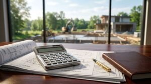 Desktop financial calculator, gold fountain pen, leather journal, and architectural foundation drawings on a mahogany desk overlooking an active residential foundation excavation site through panoramic windows
