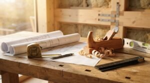 Architectural blueprints spread across a timber workbench alongside a wooden hand plane with wood shavings, a brass tape measure, a spirit level, and a folding ruler inside a sunlit framing build