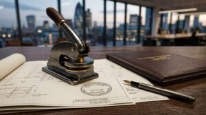 Heavy steel embossing seal press resting on a stamped architectural blueprint for "Project: Nexus Tower" next to a fountain pen on a wooden desk in a London high-rise office