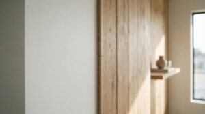 A close-up profile view of vertical natural oak wood wall paneling installed flush against a smooth off-white painted drywall surface in a modern interior