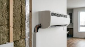 Wall-mounted white ductless mini-split heat pump indoor air handler mounted to a finished drywall partition, showing exposed insulated copper refrigerant line set and flexible conduit feeding into a surface raceway beside an open wall cavity insulated with mineral wool batts and foil vapor barrier